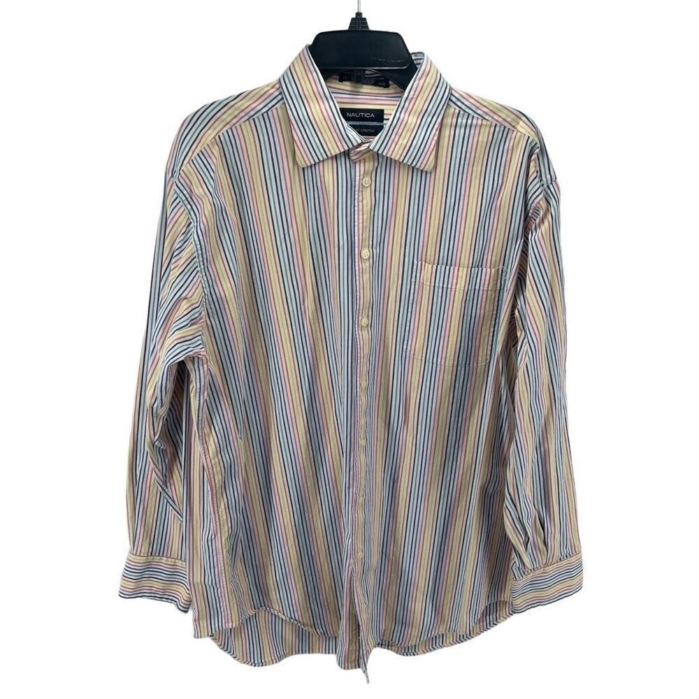 Nautica Mens Button Down Shirt Long Sleeve Striped Pocket Rainbow Size 34/35
